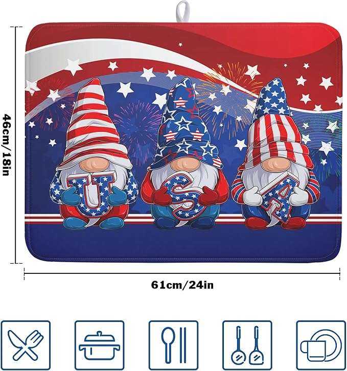 Kawani 4th of July Dish Drying Mat 18x24 Inch Spring Summer Patrioti Gnome - Image 2