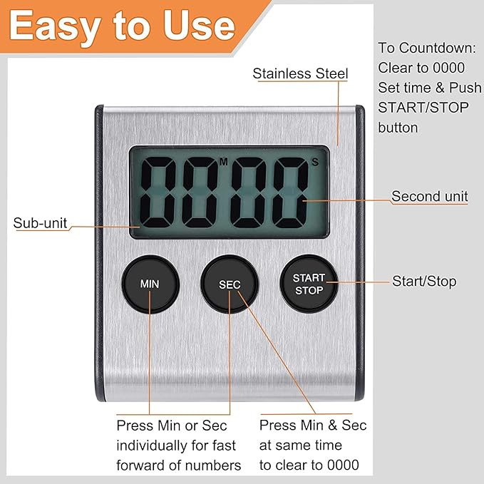4 Pack Digital Kitchen Timer Magnet, Stainless Steel Cooking Timers - Image 3