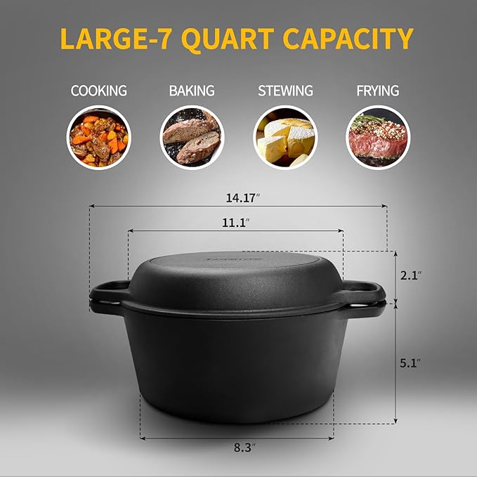EDGING CASTING 2-in-1 Pre-Seasoned Cast Iron Dutch Oven Pot - Image 3