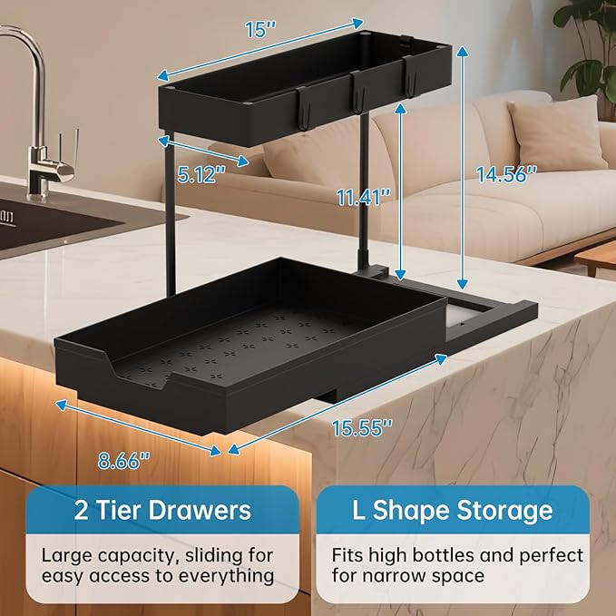 NATURE'S SOURCE 2 Pack Under Sink Organizer 2 Tier Sliding Cabinet Organizers - Image 2