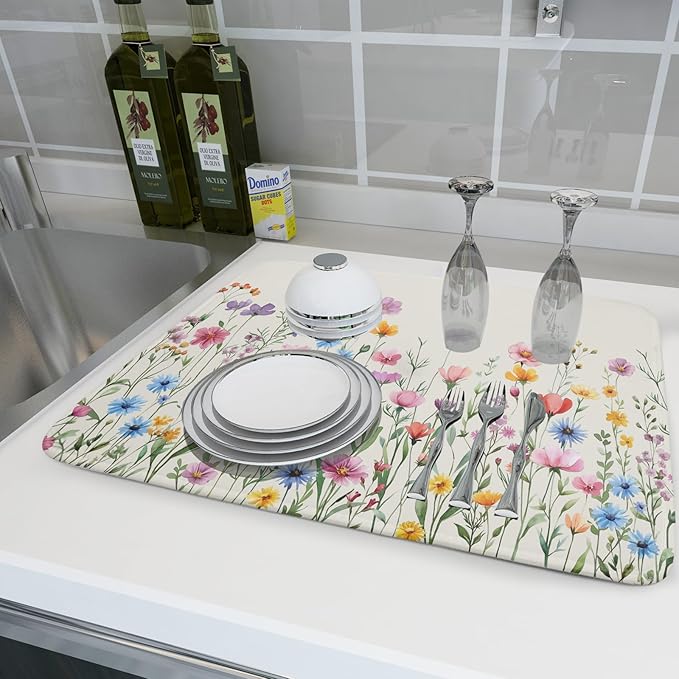 Giwawa Spring Floral Dish Drying Mat 18"x24" Watercolor Summer Wildflower Dish - Image 6
