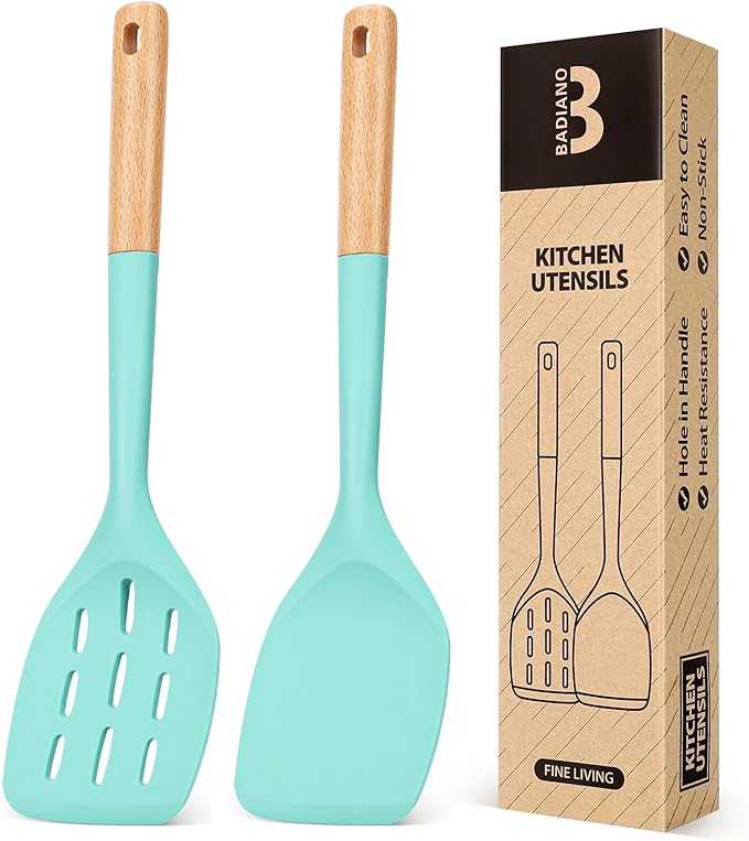 Pack of 2 Silicone Spatula, Non Stick Cooking Utensil Set Stainless Steel by BADIANO