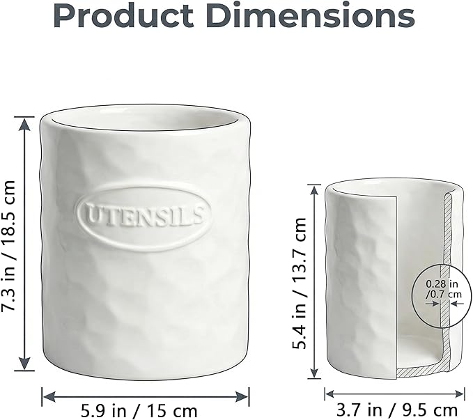 White Utensil Holder Set of 2 Ceramic Cooking Utensil Crock Modern Kitchen - Image 2
