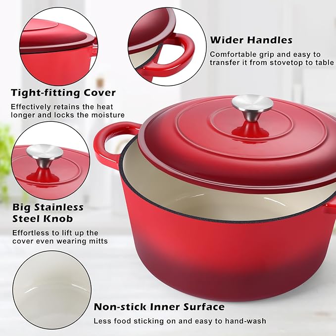 TeamFar Enameled Cast Iron Dutch Oven, 7qt Dutch Oven Pot Nonstick Cookware - Image 3
