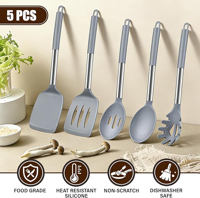 5Pcs Silicone Cooking Utensils Set, Heat Resistant Kitchen Tools Include - Image 4