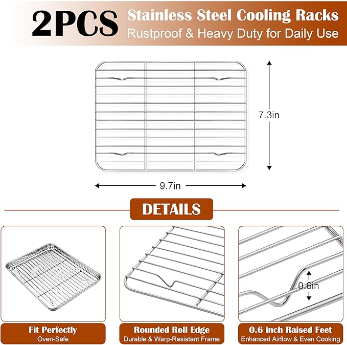 E-far Small Baking Sheet with Wire Rack, Stainless Steel Cookie Sheets Trays & - Image 3