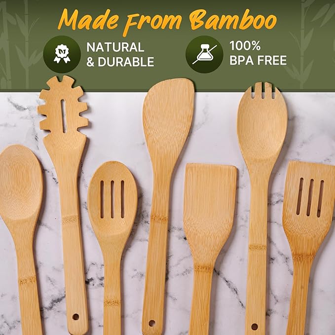 Wooden Utensil Set, Bamboo Utensils – 7 PCs Wood Spoons - Image 5
