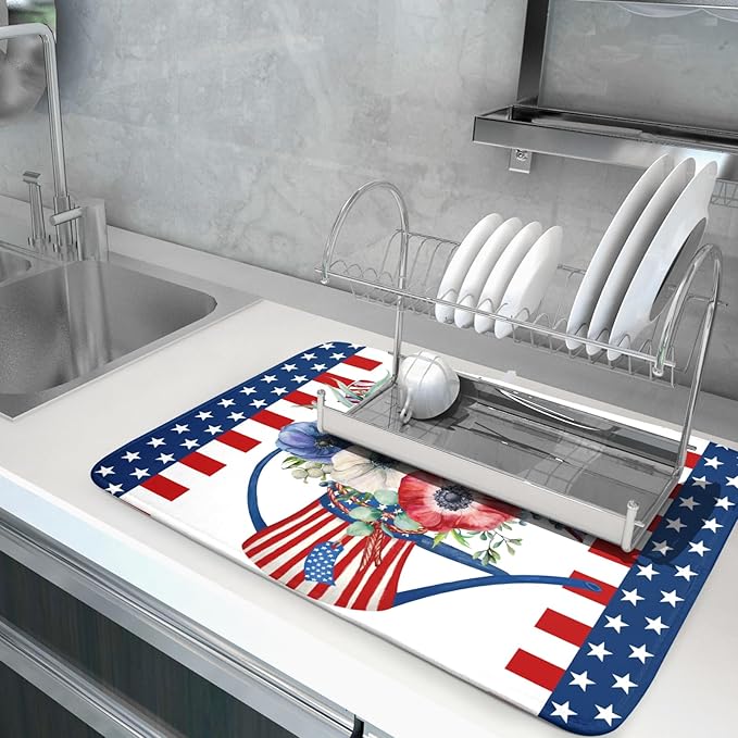 Patriotic American Flag Dish Drying Mat 18x24 Inch Spring Summer Flower 4th of - Image 5