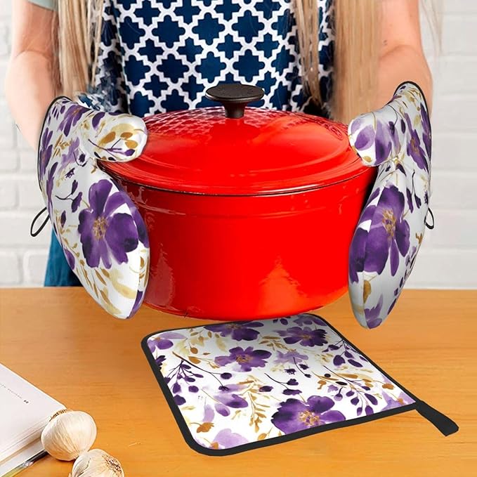 Spring Purple and Gold Floral Oven Mitts and Pot Holders Sets of 3, Non-Slip - Image 3
