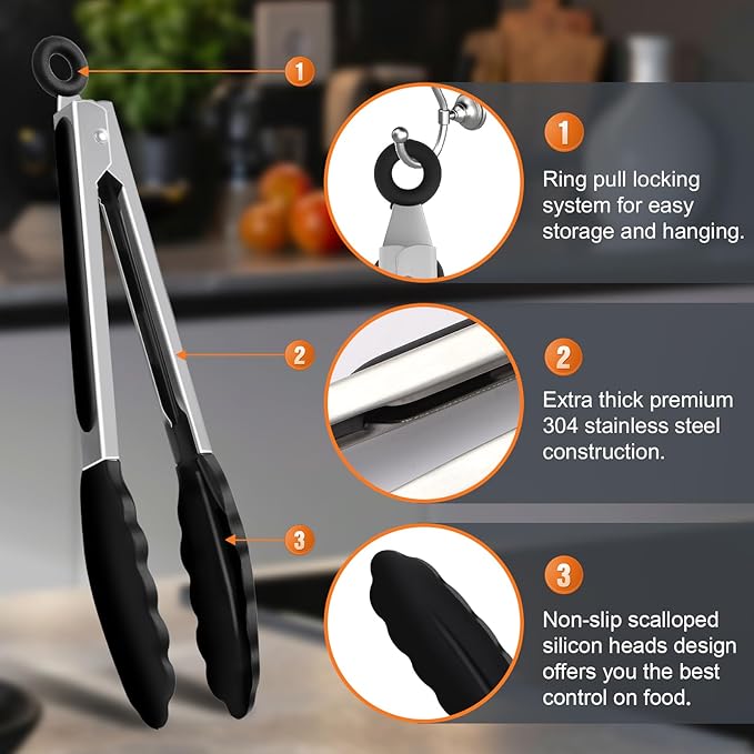 2 Pack Black Premium Stainless Steel Heat Resistant Kitchen Tongs - Image 6