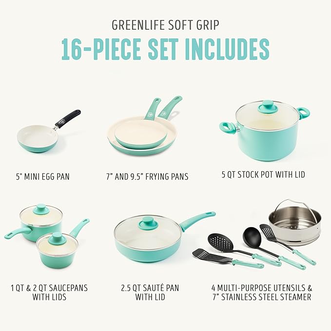 GreenLife Soft Grip 16 Piece Cookware Set, Non-Toxic PFAS-Free Ceramic Nonstick - Image 4