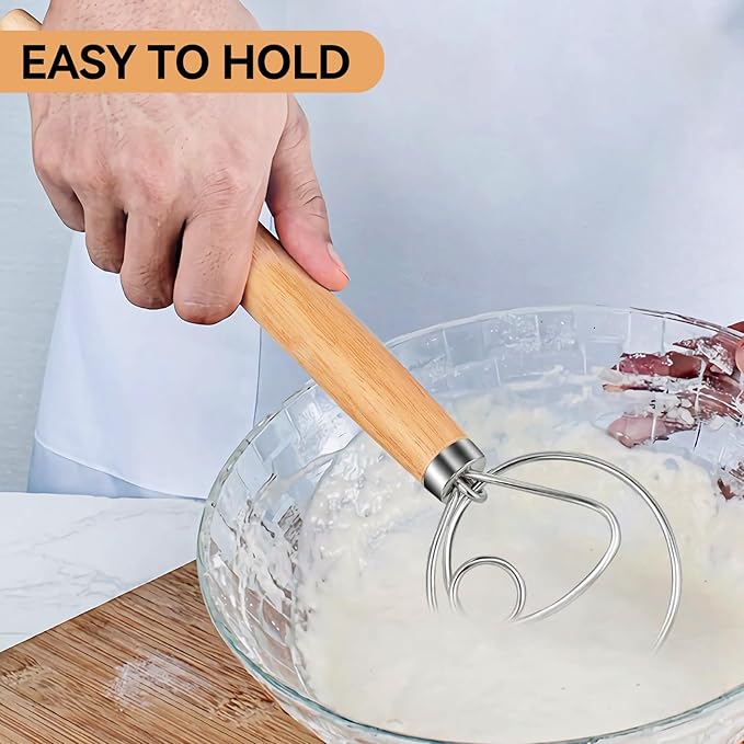 TEEVEA Danish Dough Whisk for Bread Sourdough, Wooden Handle & Stainless Steel - Image 3