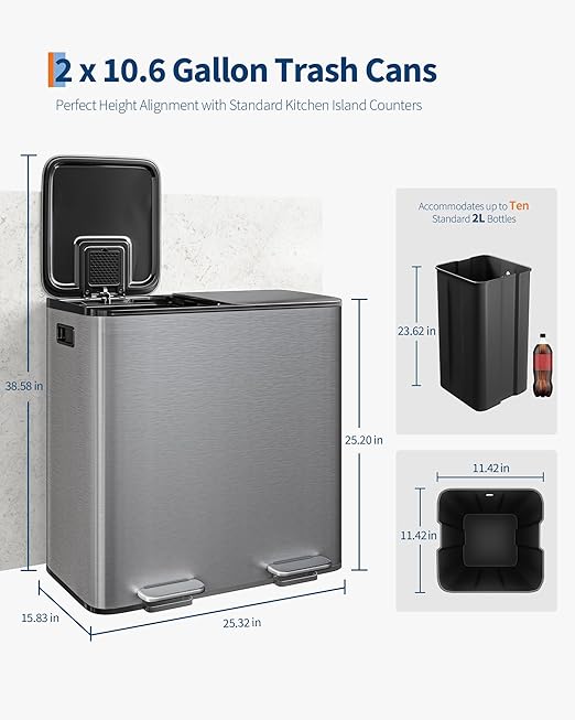GarveeHome 2 x 10.6 gal Stainless Steel Double Trash Can - Image 6