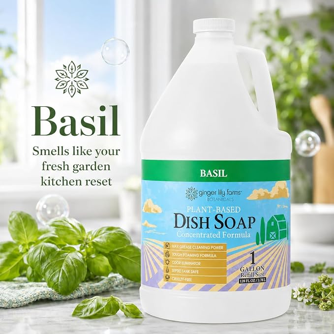 Ginger Lily Farms Botanicals Plant-Based Liquid Dish Soap, Concentrated Formula with Max Grease Cleaning Power, Cruelty-Free, Basil Scent, 1 Gallon Refill (128 Fl. Oz.) (Pack of 4)