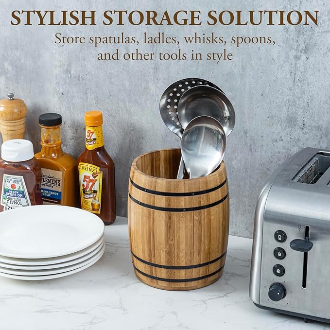 MyGift Wine Barrel Design Kitchen Utensil Crock, Light Brown Solid Bamboo Wood - Image 3