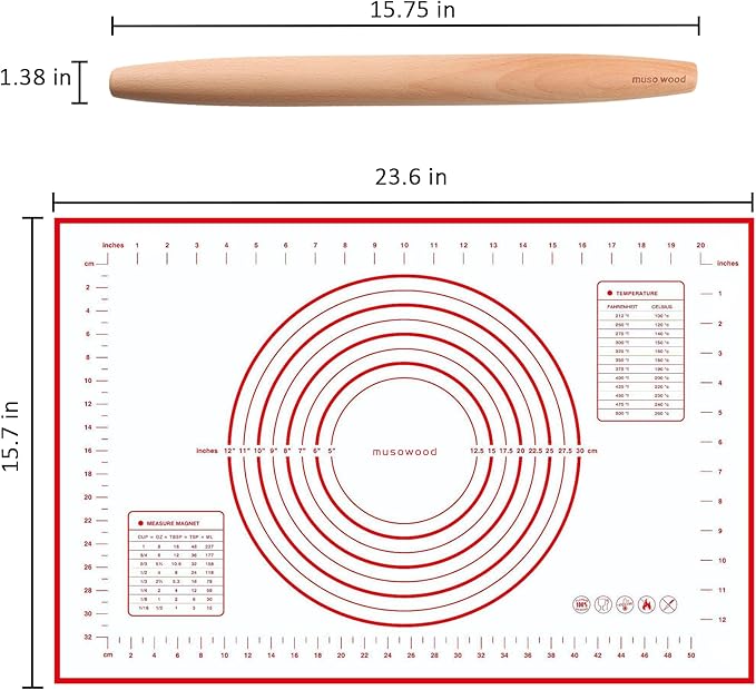 Muso Wood French Rolling Pin and Silicone Baking Mat Set, 15.75 Inch Beech Wood - Image 2