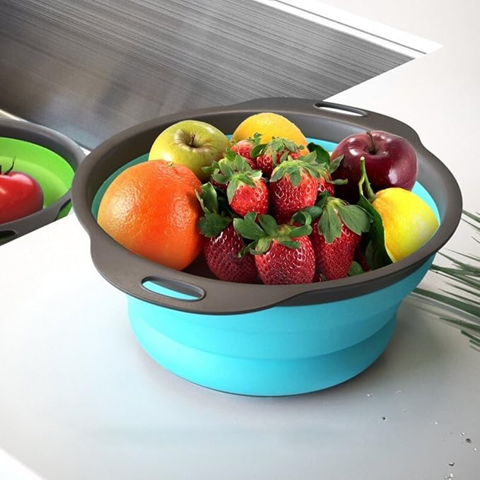 Qimh Collapsible Colander Set of 3 Round Silicone Kitchen Strainer Set - Image 5