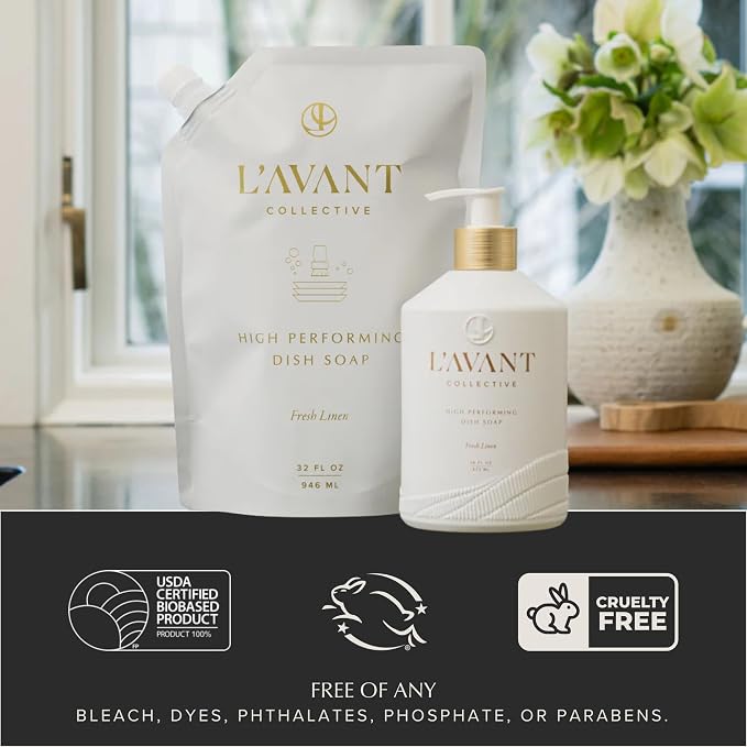 L'AVANT Dish Soap Refill, Plant-Based Grease-Cutting, Fresh Linen, 32 Fl Oz | Plant-based grease cutting, Fresh Linen fragrance, gentle on hands, non-toxic formula, refill pouch, cruelty-free, 32 fl oz