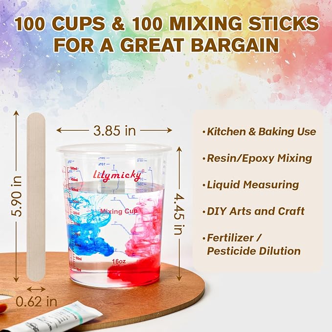 16 oz Plastic Mixing Cups, 100 Pack 16 oz Disposable Measuring Cups - Image 2