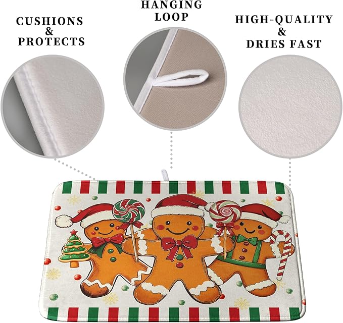 Christmas Dish Drying Mat Gingerbread Man Candy Cane Xmas Tree Drying Mats - Image 3