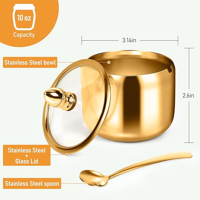 holoith Sugar Container with Glass Lid and Spoon - 10oz Gold Sugar Bowl - Image 3