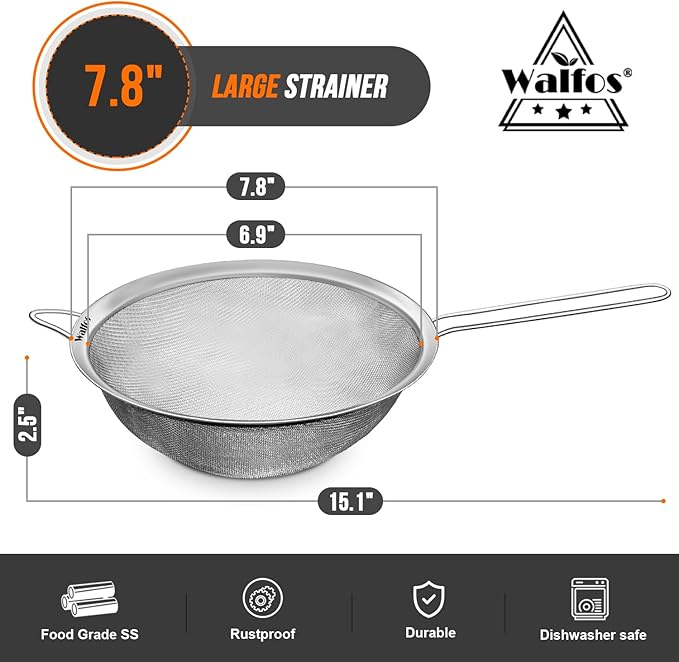 Walfos 7.8 Inch Fine Mesh Strainer, Premium Stainless Steel Colanders and - Image 2