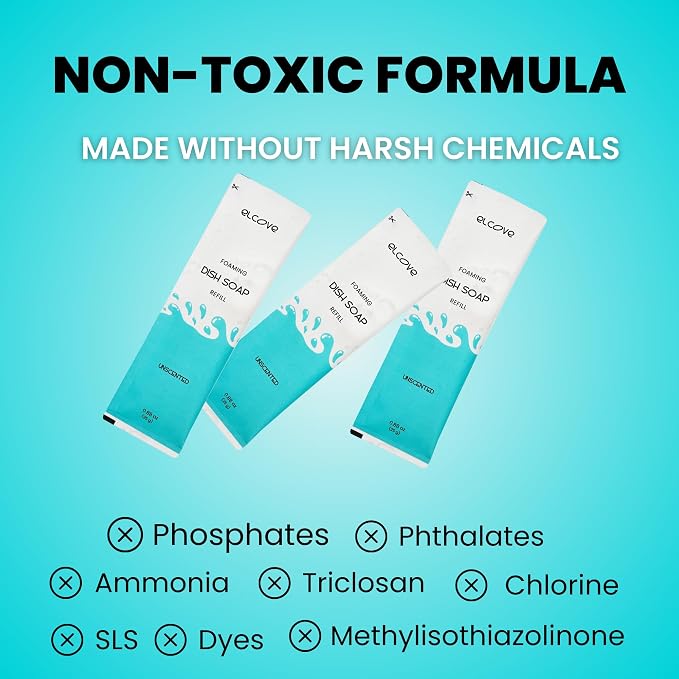 Foaming Dish Soap Refills (5pk), Concentrated Powder to Liquid Refills Make 5 Bottles x 12oz each of Non Toxic, Eco Friendly Unscented Dish Soap, Septic Safe