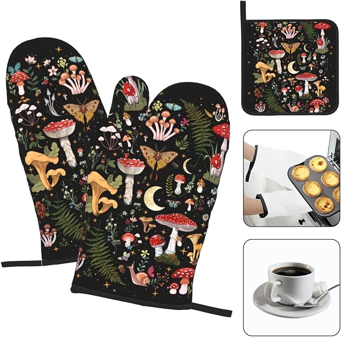 Mushroom Oven Mitts and Pot Holders Sets, Heat Resistant Black Hot Pads Witchy - Image 3