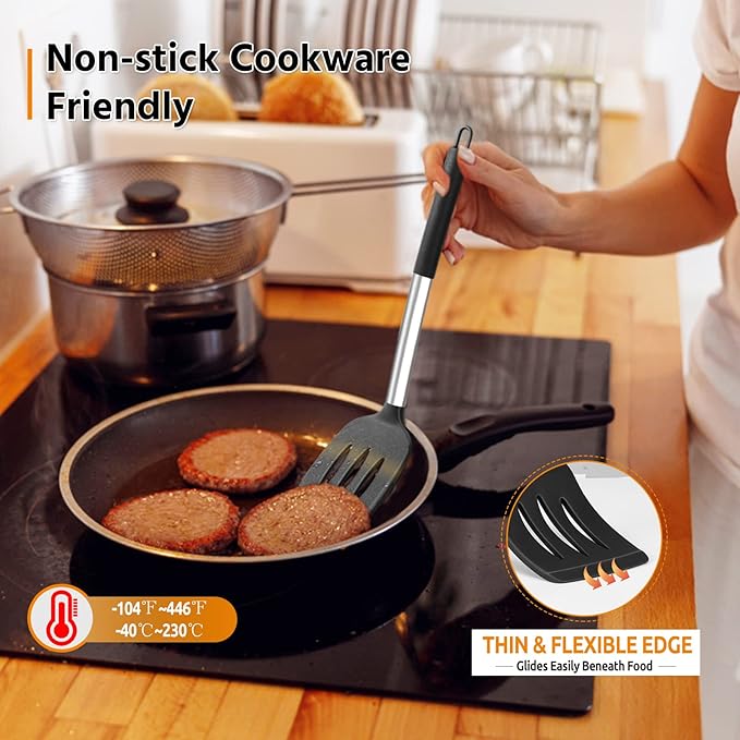 E-far Silicone Spatula Set of 2, Solid & Slotted Turner - Image 3