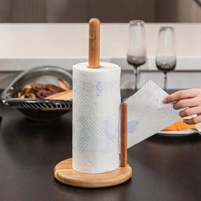 14" Acacia Wooden Paper Towel Holder, 6.7" Large Heavy Base Wooden Kitchen - Image 6