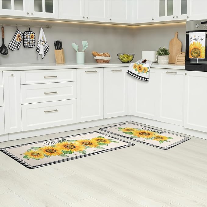 Fourluoo 10 Pcs Sunflower Kitchen Decor 4 Black and White Buffalo Plaid Dish - Image 7