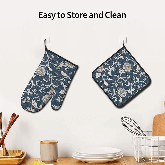 Navy Blue Oven Mitts and Pot Holders Vintage Floral Kitchen Accessories Set of - Image 6