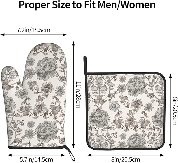 Vintage Flowers Oven Mitts and Pot Holders Sets Boho Kitchen Gloves White Grey - Image 3