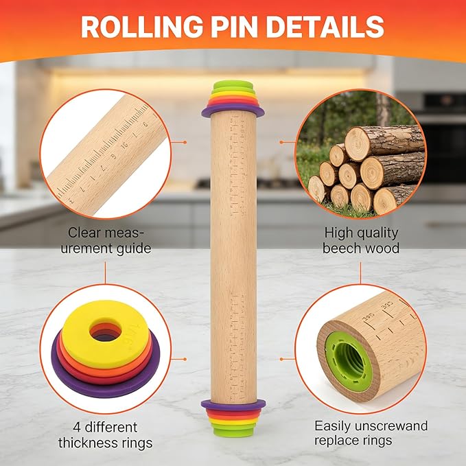 Rolling Pin With Thickness Rings, Adjustable Wooden Rolling Pin Set, 17 inch - Image 3