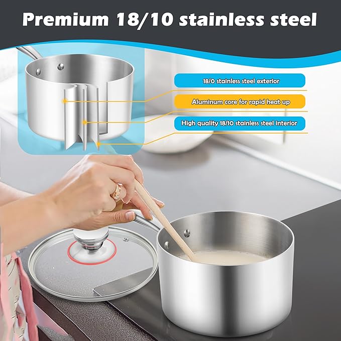E-far 1-Quart Saucepan, Tri-Ply Stainless Steel Sauce Pan - Image 4