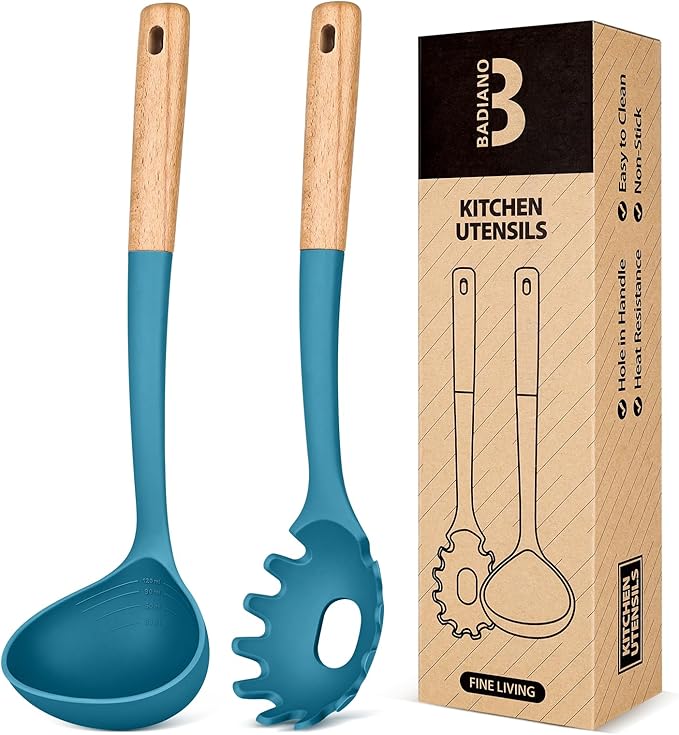 Pasta Fork and Ladle Set, and Sauce Pasta, BPA-Free Matte Silicone, Wood Handle by BADIANO
