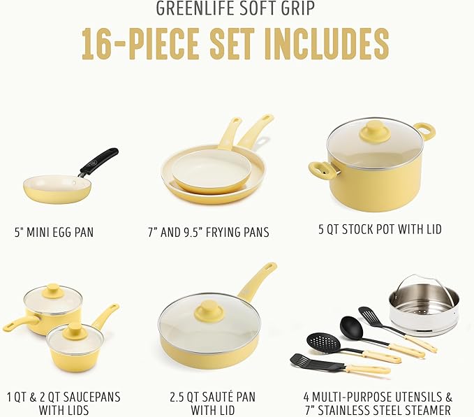 GreenLife 16 Piece Nonstick Cookware Set, Soft Grip Non-Toxic PFAS-Free Ceramic - Image 4