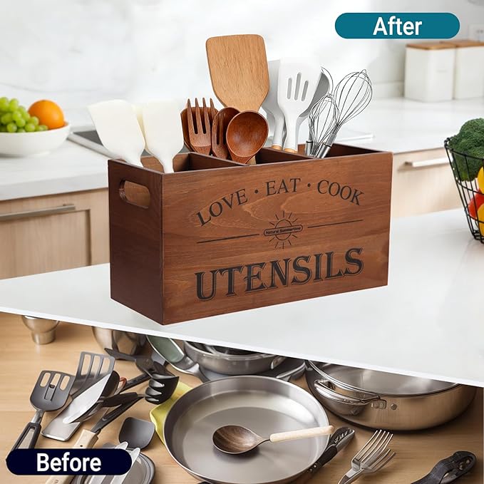 2 PC Wooden Utensil Holder, （With 4-Compartments size*1 + 3-Compartments - Image 3