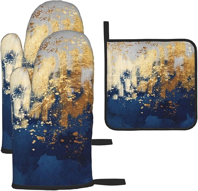 Blue and Gold Watercolor Abstract Oven Mitts and Pot Holder Sets of 3, Non-Slip by Unknown