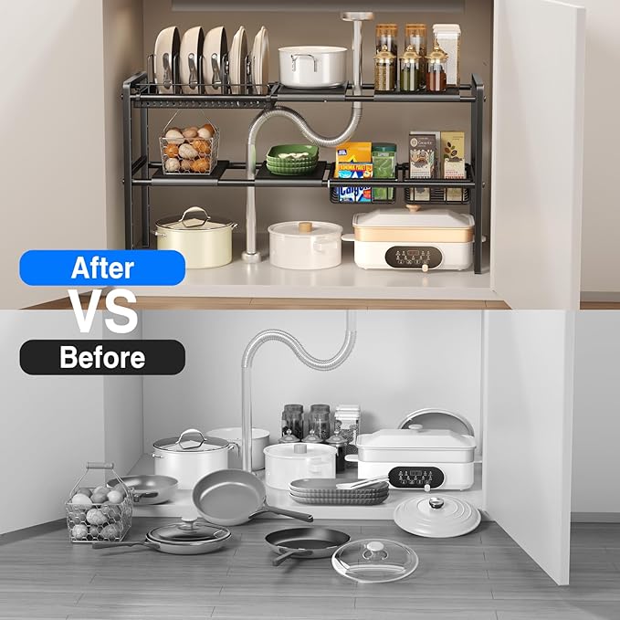 Mustorn Pots and Pans Organizer Under Cabinet, Expandable 2 Tier Under Sink - Image 4