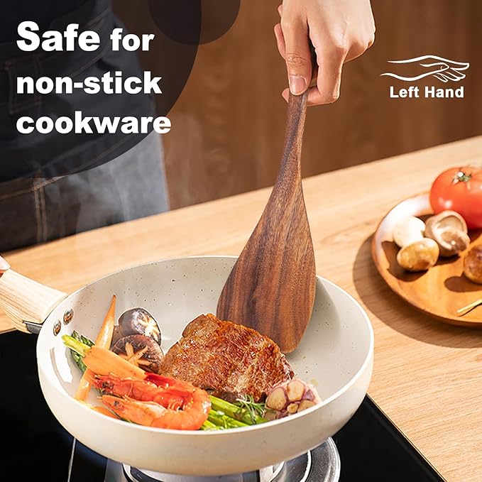 Jilla-hla Wooden Spatula Nonstick Turner Acacia Wood, Left Long Handle Flat - Image 5