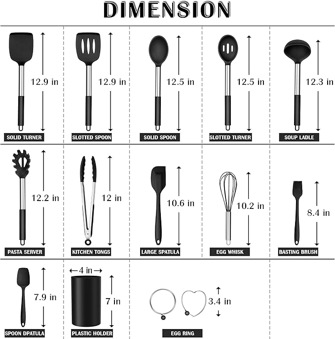 Silicone Cooking Utensils Set, E-far 14-Piece Black Kitchen Utensils Set - Image 2