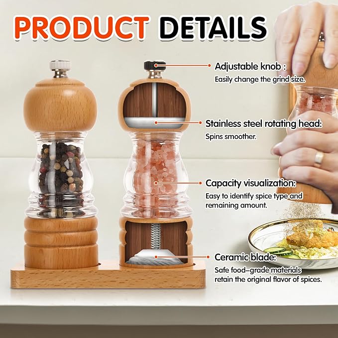 Salt and Pepper Grinder Set, Refillable and Adjustable Grinder - Image 2