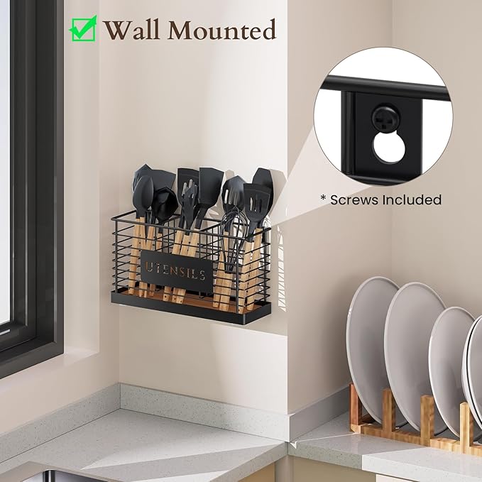 THYGIFTREE Utensil Holder for Kitchen Counter Large Black Metal Cooking Utensil - Image 5