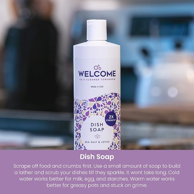 WELCOME Dish Soap - Cuts Grease - Soft on Hands - Paraben & Phthalate Free - Made in the USA - Sea Salt and & Lotus (16oz) 2 Pack