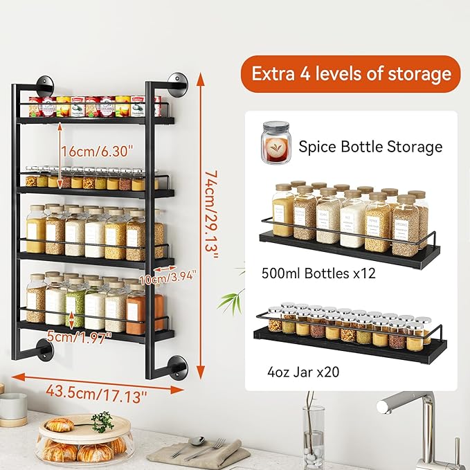 IBUYKE Spice Rack Wall Mount, 4 Tier Hanging Seasoning Organizer, Spice Rack - Image 4