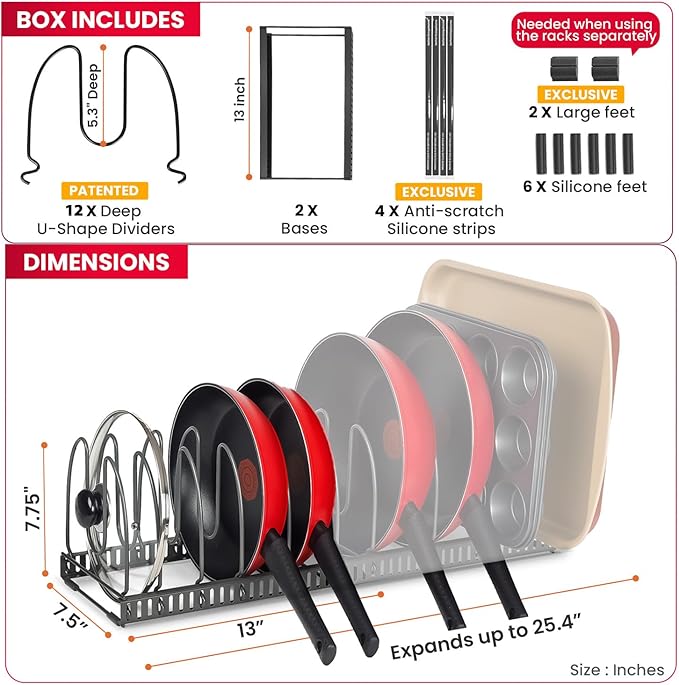 Better Things Home 7.5” Wide 12-Slot Adjustable Large Pan and Pot Lid Organizer - Image 4