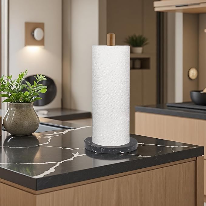 Buruis Wood Paper Towel Holder, Marble Base Modern Decorative Countertop - Image 4