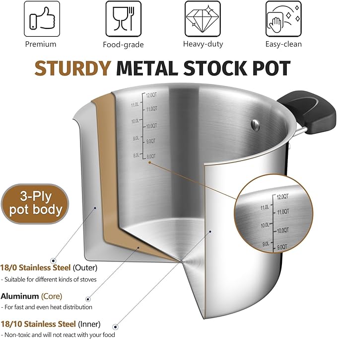 12 Quart 3-Ply Cooking Stock Pot - Image 4