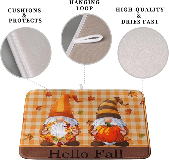 Hello Fall Autumn Gnomes Dish Drying Mat 16x18 Thanksgiving Pumpkin Maple - Image 3